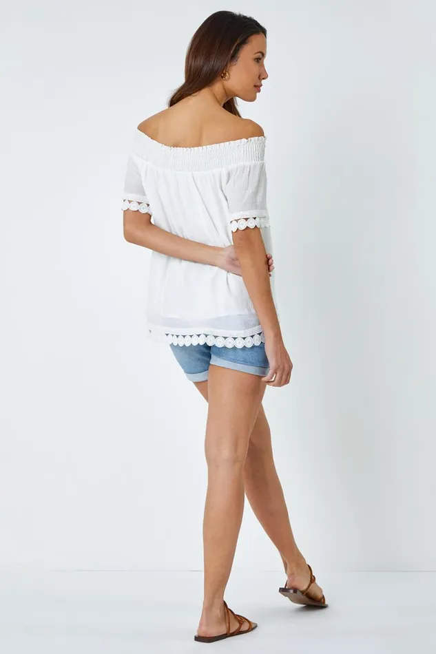 Ivory Lace Detail Shirred Bardot Top Women Roman Tops