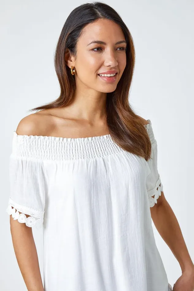 Ivory Lace Detail Shirred Bardot Top Women Roman Tops