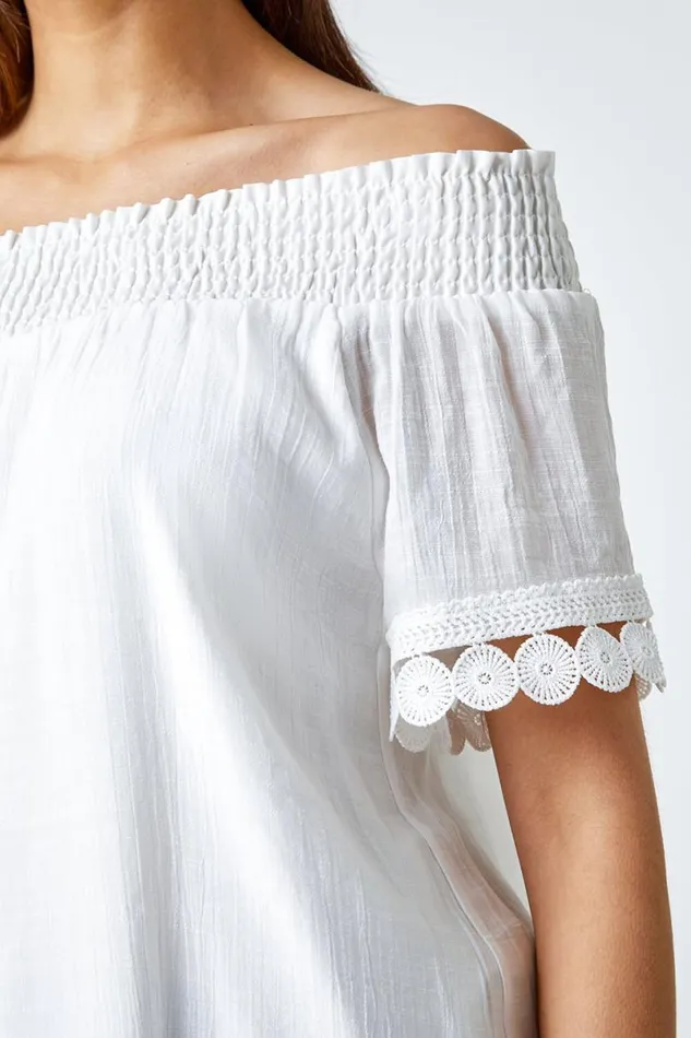Ivory Lace Detail Shirred Bardot Top Women Roman Tops