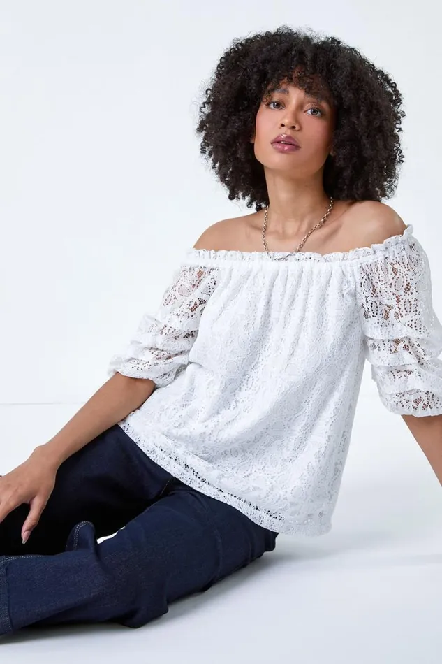 Ivory Lace Ruched Sleeve Bardot Top Women Roman Tops