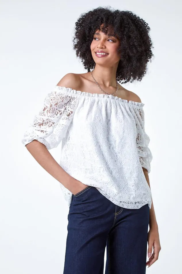 Ivory Lace Ruched Sleeve Bardot Top Women Roman Tops