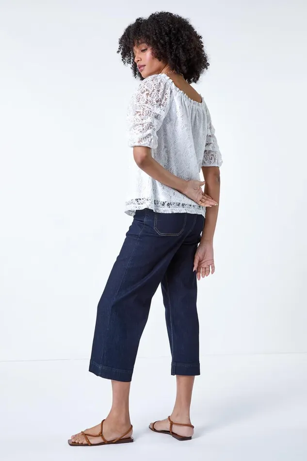 Ivory Lace Ruched Sleeve Bardot Top Women Roman Tops