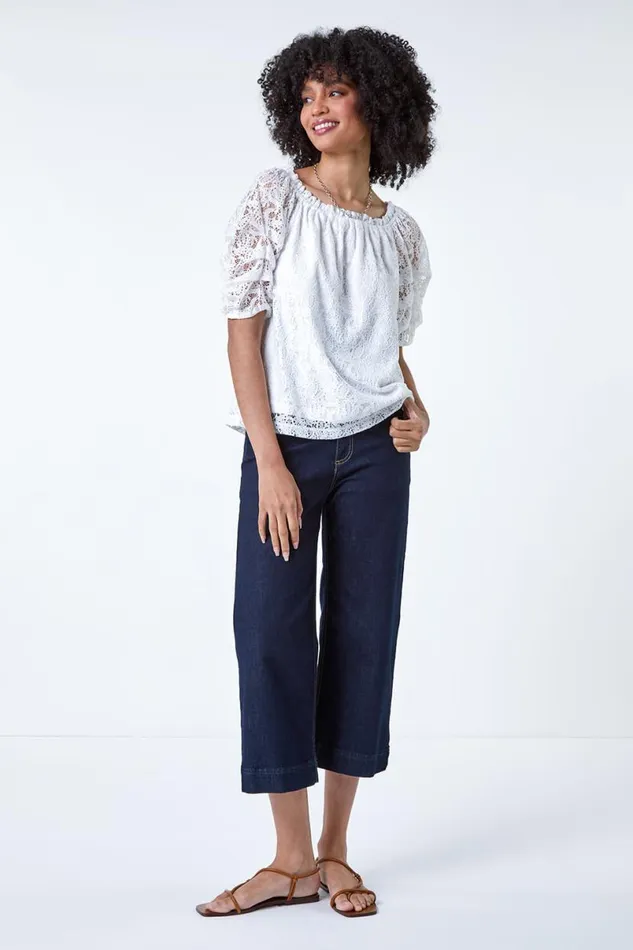 Ivory Lace Ruched Sleeve Bardot Top Women Roman Tops