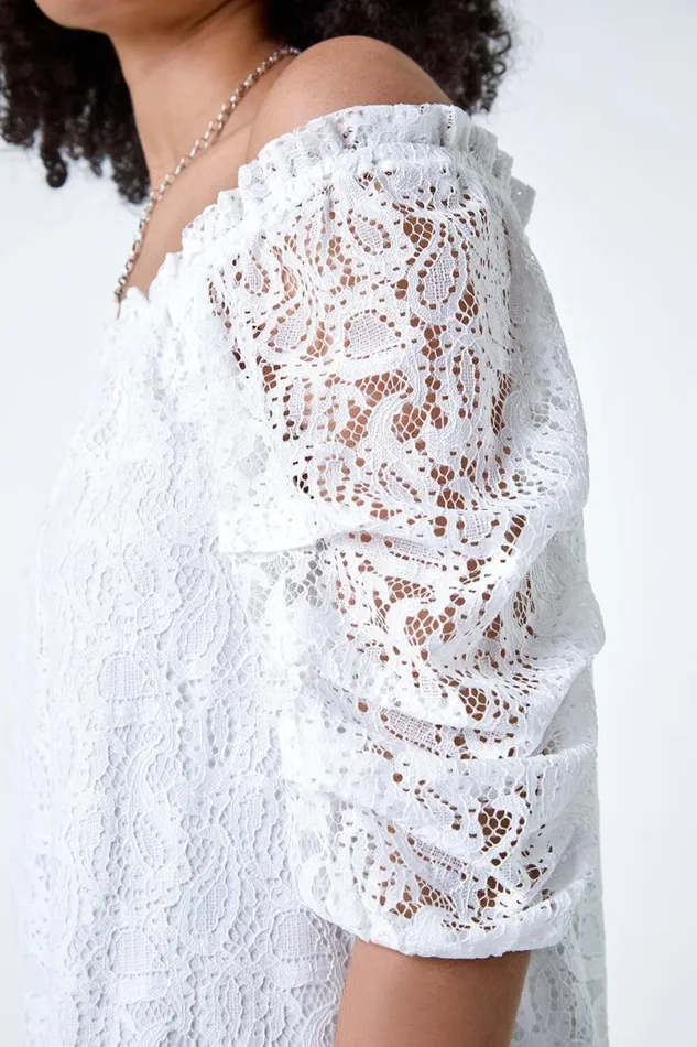Ivory Lace Ruched Sleeve Bardot Top Women Roman Tops