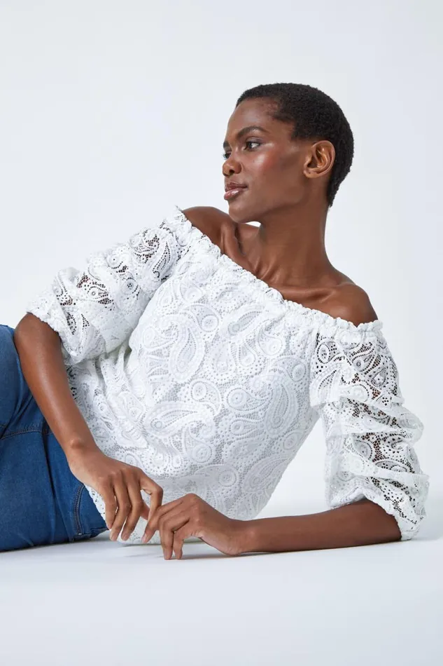 Ivory Paisley Lace Ruched Sleeve Bardot Top Women Roman Tops