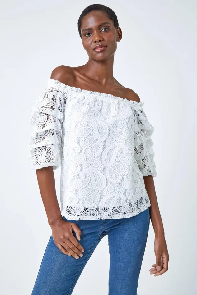Ivory Paisley Lace Ruched Sleeve Bardot Top Women Roman Tops