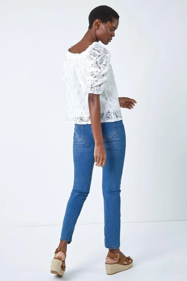 Ivory Paisley Lace Ruched Sleeve Bardot Top Women Roman Tops