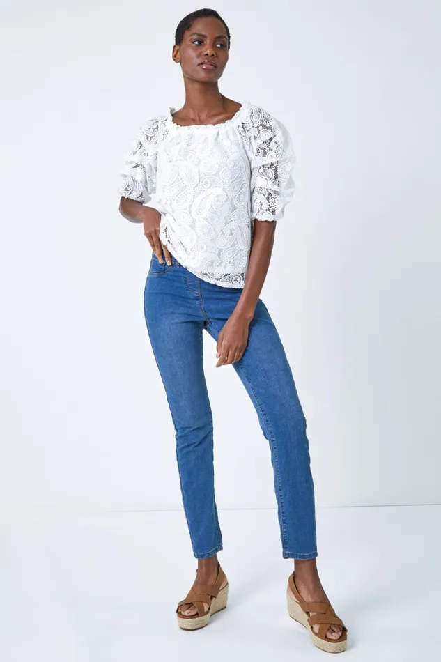 Ivory Paisley Lace Ruched Sleeve Bardot Top Women Roman Tops