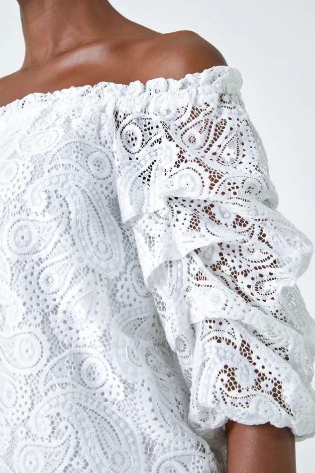Ivory Paisley Lace Ruched Sleeve Bardot Top Women Roman Tops
