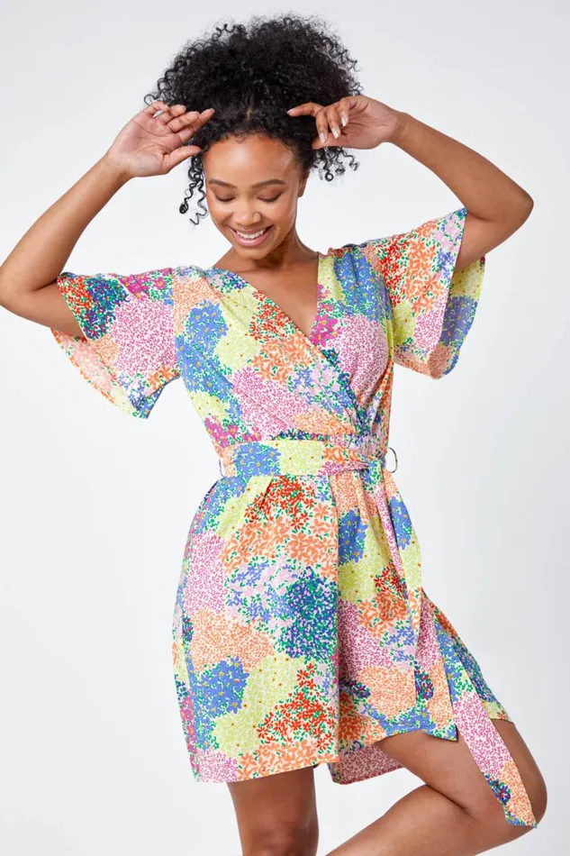 Ivory Petite Ditsy Floral Belted Playsuit Women Roman Dresses