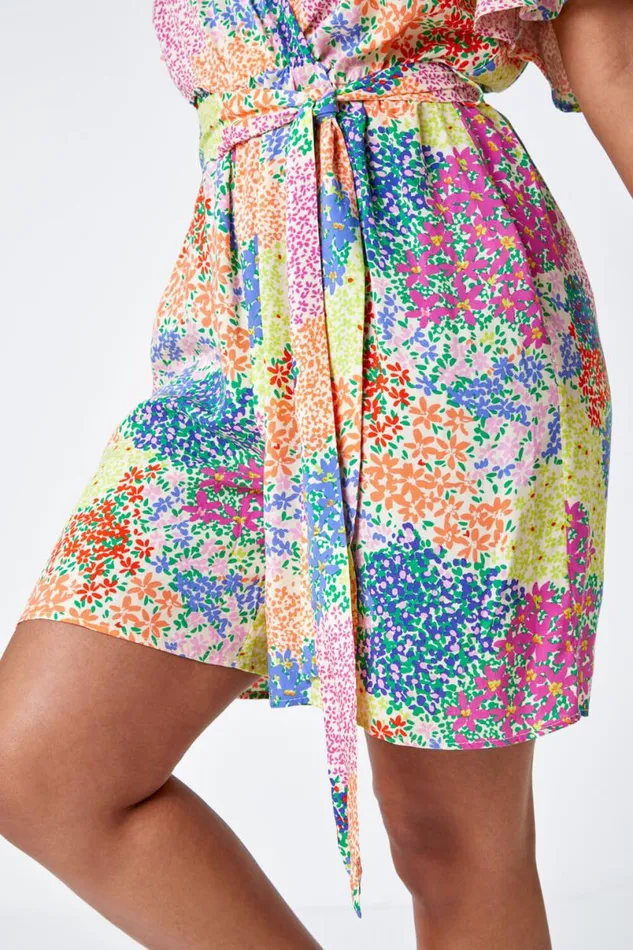 Ivory Petite Ditsy Floral Belted Playsuit Women Roman Dresses