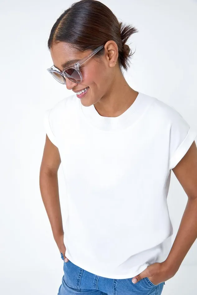 Ivory Premium Rib Trim Jersey Stretch TShirt Women Roman Tops