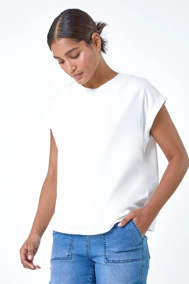 Ivory Premium Rib Trim Jersey Stretch TShirt Women Roman Tops