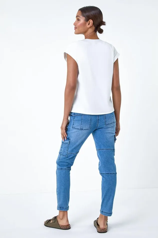 Ivory Premium Rib Trim Jersey Stretch TShirt Women Roman Tops