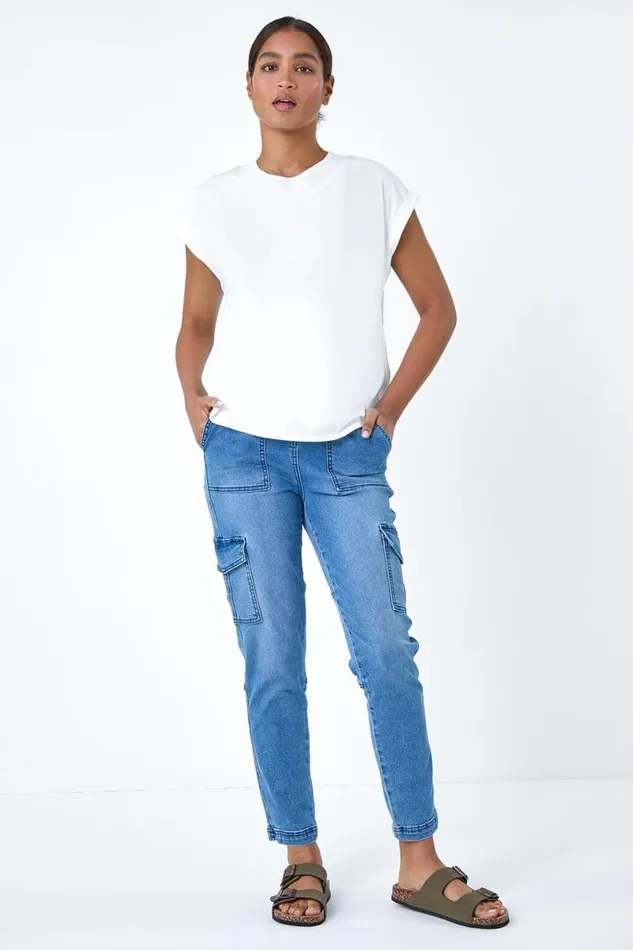Ivory Premium Rib Trim Jersey Stretch TShirt Women Roman Tops