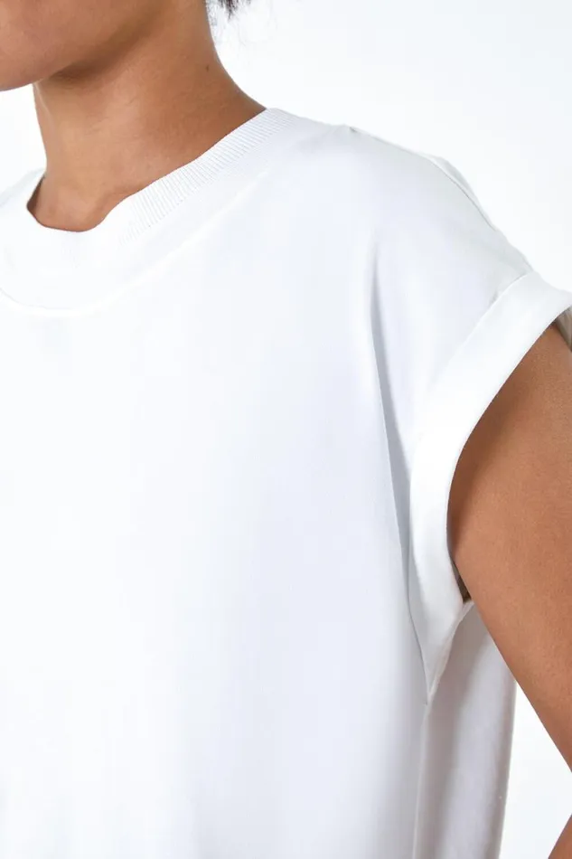 Ivory Premium Rib Trim Jersey Stretch TShirt Women Roman Tops