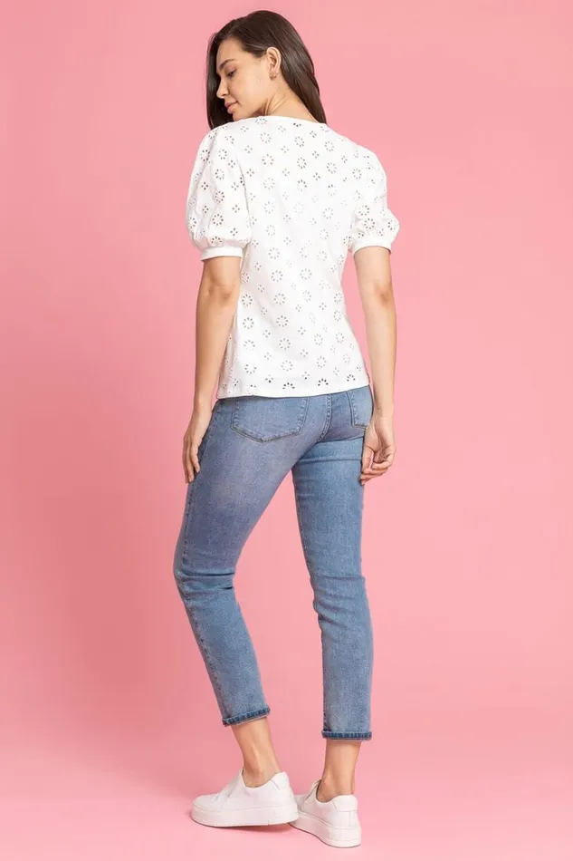 Ivory Puff Sleeve Broderie Detail Top Women Roman Tops