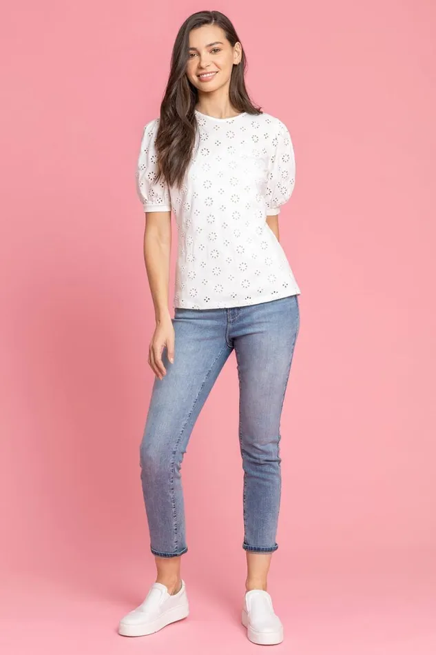 Ivory Puff Sleeve Broderie Detail Top Women Roman Tops