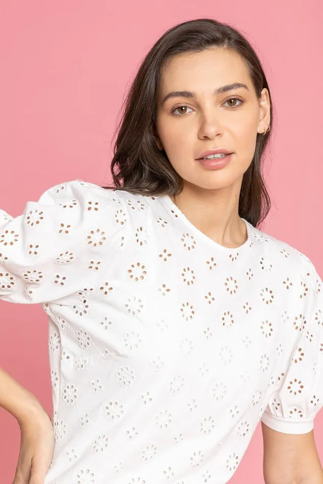Ivory Puff Sleeve Broderie Detail Top Women Roman Tops