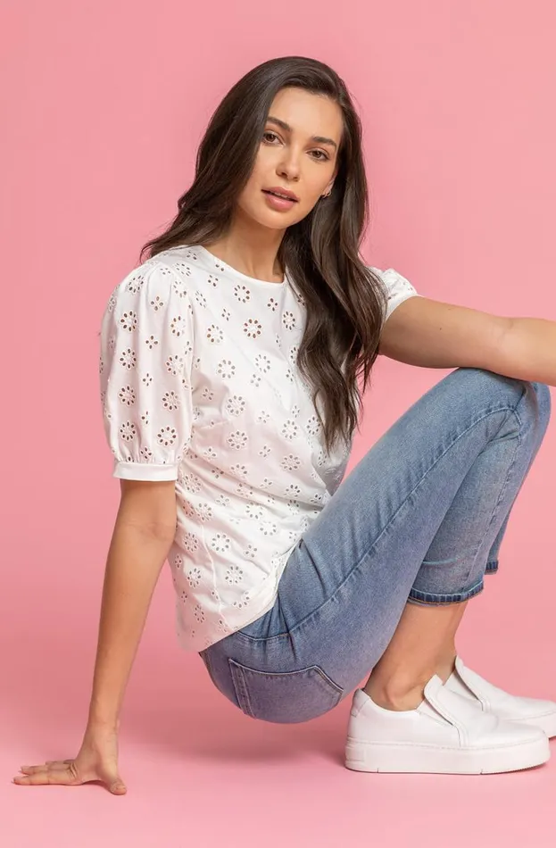 Ivory Puff Sleeve Broderie Detail Top Women Roman Tops