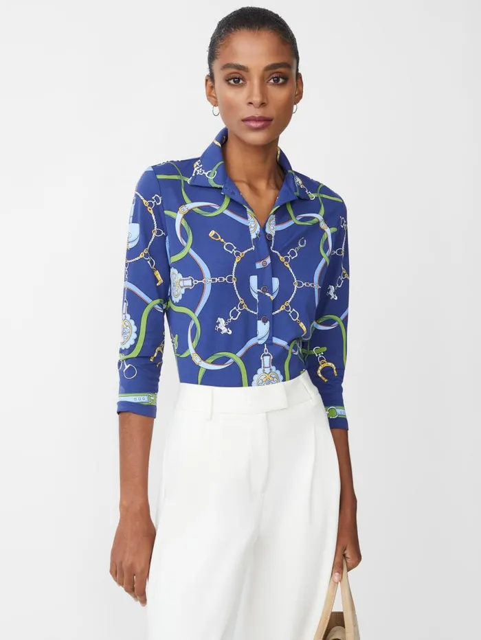 JMcLaughlin Court 34 Sleeve Polo In Fairfax Crest Navygreenblue Women Shirts and Tops JMcLaughlin Court 34 Sleeve Polo In Fairfax Crest Navygreenblue Women Shirts and Tops