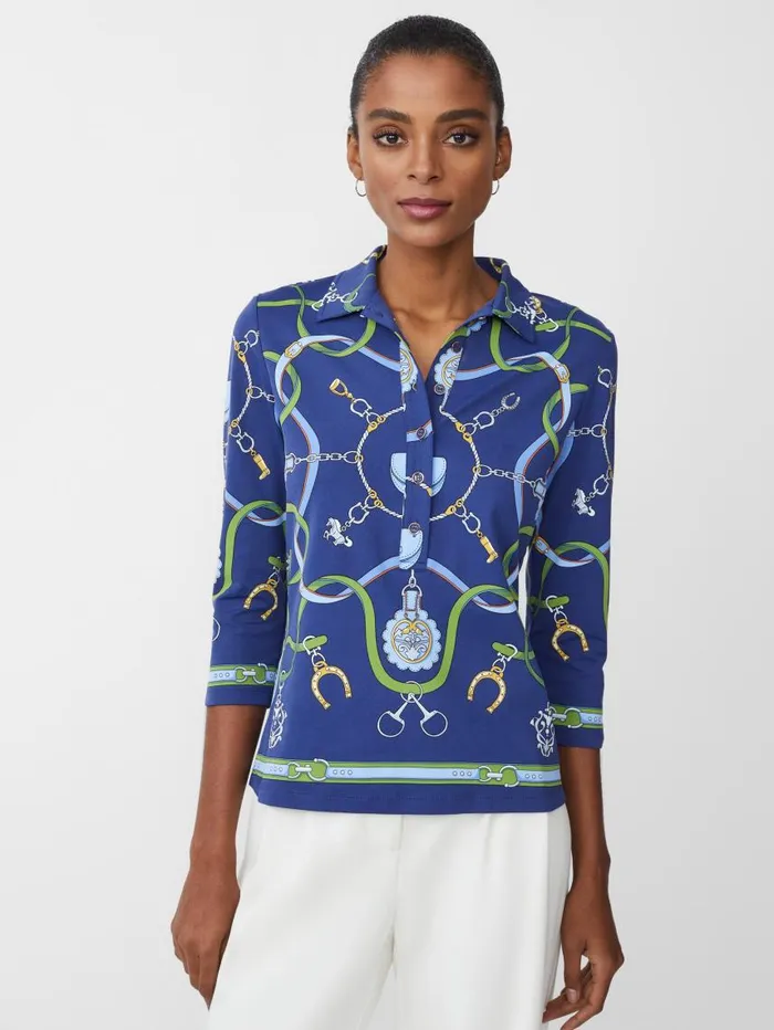 JMcLaughlin Court 34 Sleeve Polo In Fairfax Crest Navygreenblue Women Shirts and Tops JMcLaughlin Court 34 Sleeve Polo In Fairfax Crest Navygreenblue Women Shirts and Tops