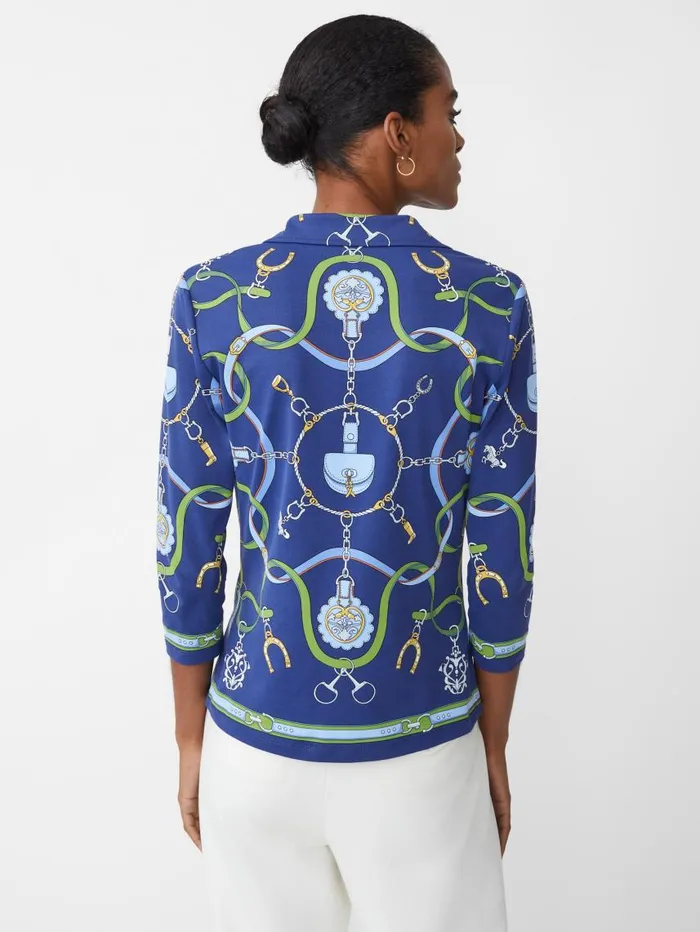 JMcLaughlin Court 34 Sleeve Polo In Fairfax Crest Navygreenblue Women Shirts and Tops JMcLaughlin Court 34 Sleeve Polo In Fairfax Crest Navygreenblue Women Shirts and Tops