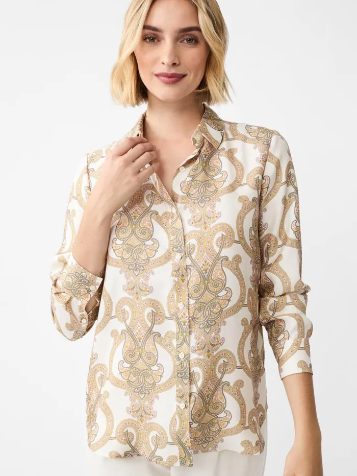 JMcLaughlin Denver Silk Blend Shirt In Gilded Paisley Creamsand Women Shirts and Tops