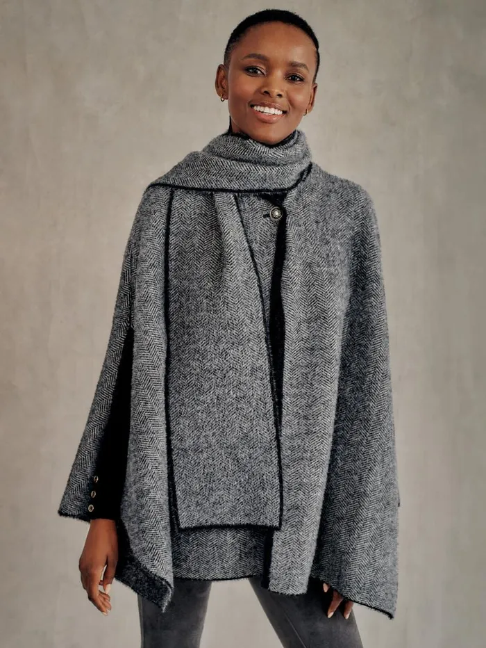 JMcLaughlin Karolina Cape In Herringbone Blackoff White Women Jackets and Outerwear