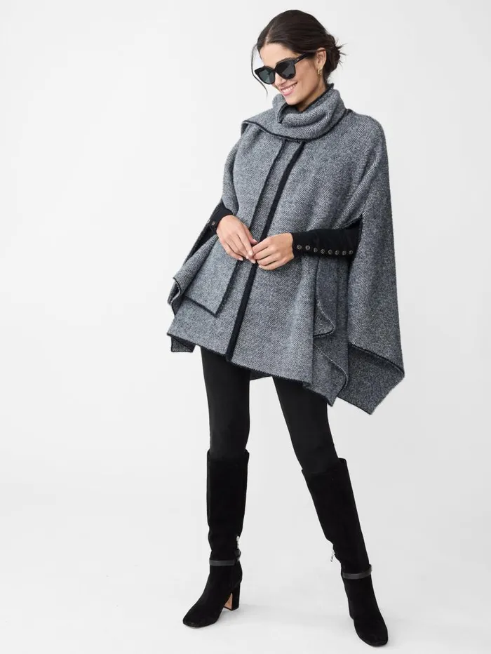 JMcLaughlin Karolina Cape In Herringbone Blackoff White Women Jackets and Outerwear JMcLaughlin Karolina Cape In Herringbone Blackoff White Women Jackets and Outerwear