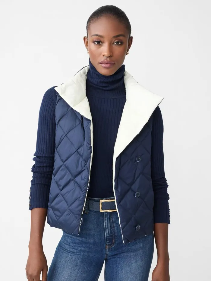 JMcLaughlin Vivian Reversible Puffer Vest Dark Navyegret White Women Jackets and Outerwear JMcLaughlin Vivian Reversible Puffer Vest Dark Navyegret White Women Jackets and Outerwear