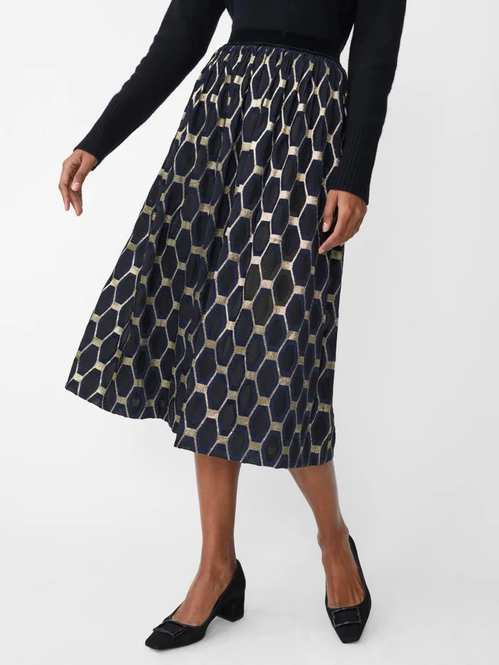 JMcLaughlin Wylde Skirt In Honeycomb Jacquard Blacknavygold Women Skirts and Skorts JMcLaughlin Wylde Skirt In Honeycomb Jacquard Blacknavygold Women Skirts and Skorts
