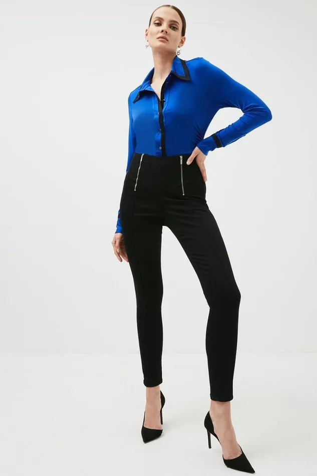 Jeans Women Karen Millen High Rise Skinny Zip Detail Stretch Jeans Black