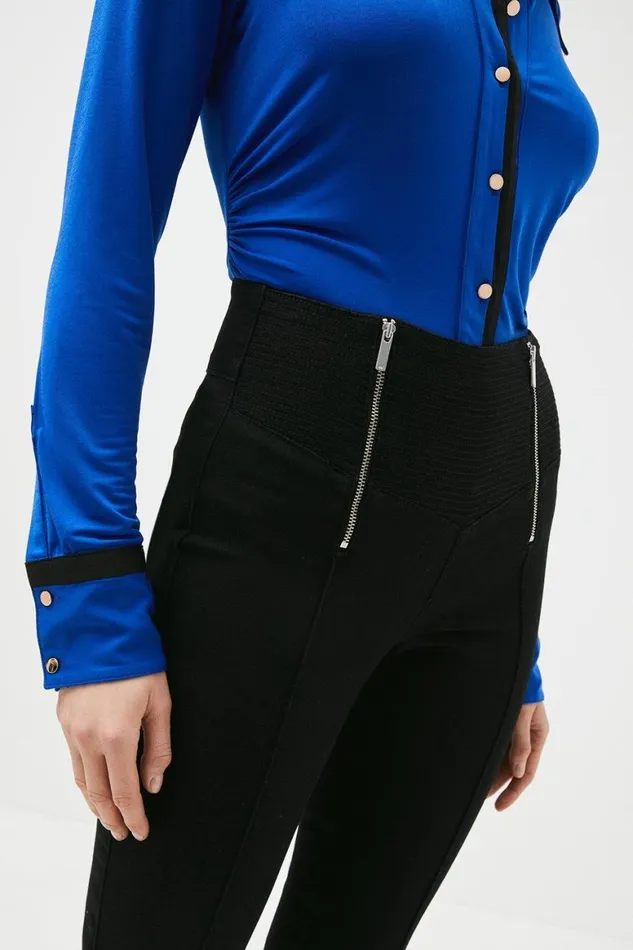 Jeans Women Karen Millen High Rise Skinny Zip Detail Stretch Jeans Black