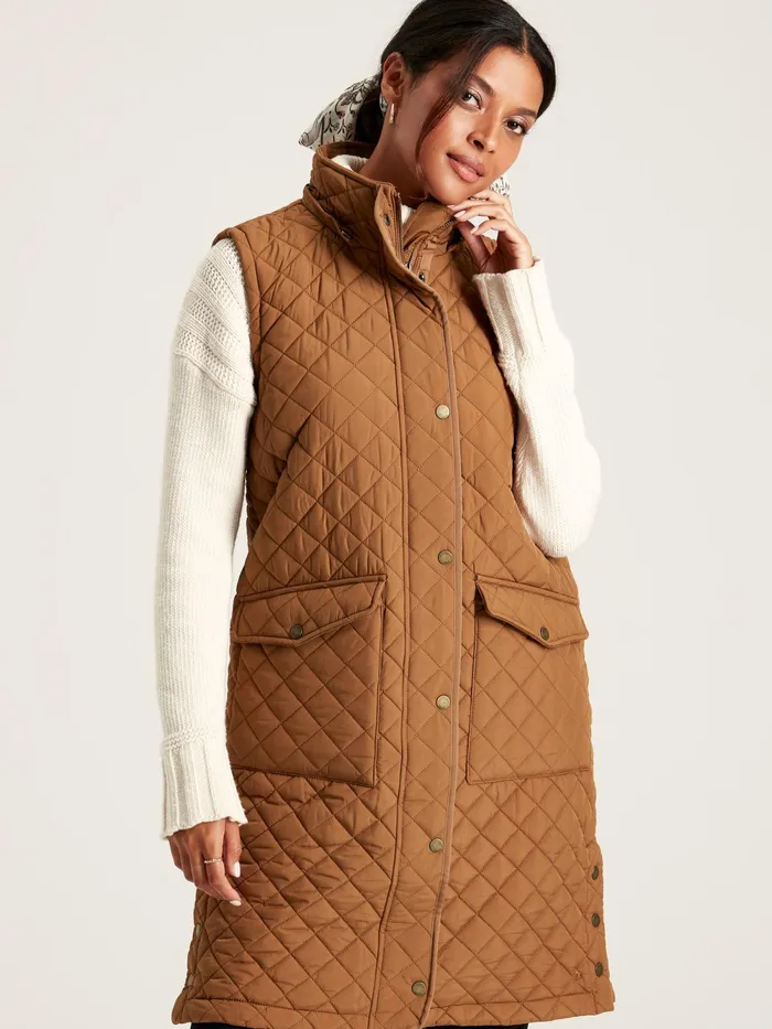 Joules Coats and Jackets Rust Brown Showerproof Long Diamond Quilted Gilet With Hood 8211 Women