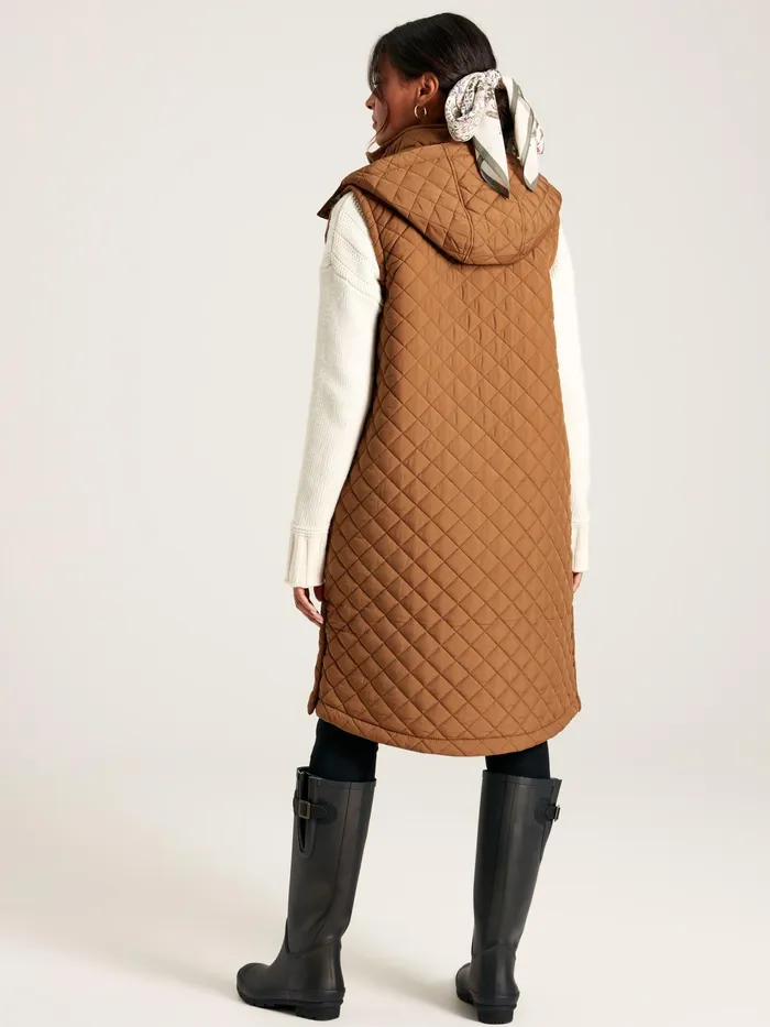 Joules Coats and Jackets Rust Brown Showerproof Long Diamond Quilted Gilet With Hood 8211 Women
