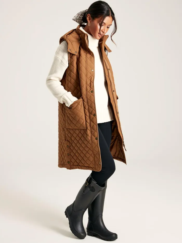 Joules Coats and Jackets Rust Brown Showerproof Long Diamond Quilted Gilet With Hood 8211 Women