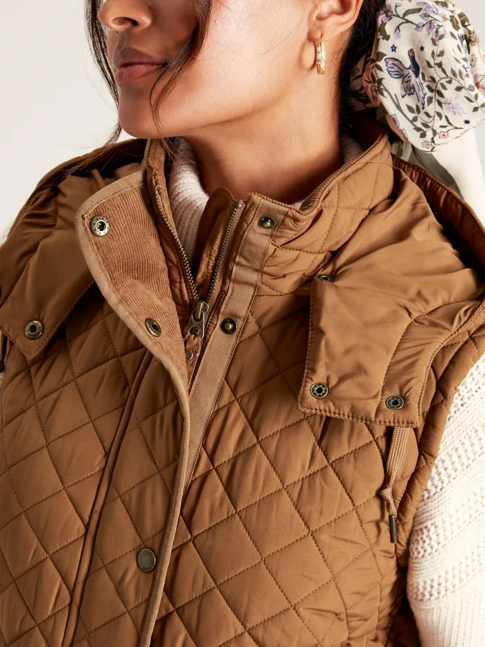 Joules Coats and Jackets Rust Brown Showerproof Long Diamond Quilted Gilet With Hood 8211 Women