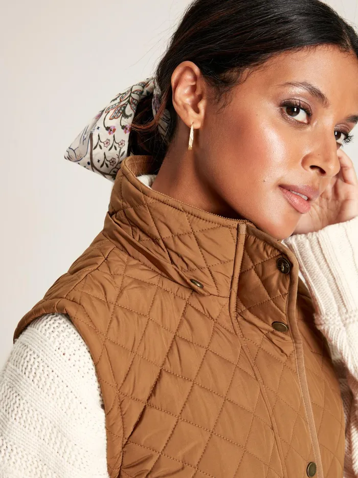 Joules Coats and Jackets Rust Brown Showerproof Long Diamond Quilted Gilet With Hood 8211 Women