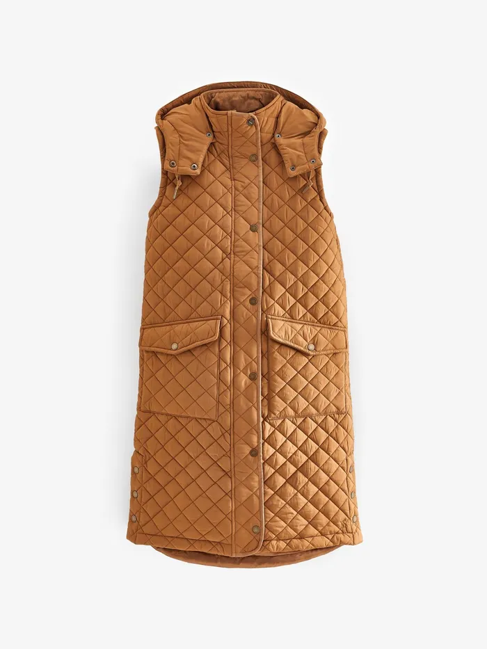 Joules Coats and Jackets Rust Brown Showerproof Long Diamond Quilted Gilet With Hood 8211 Women