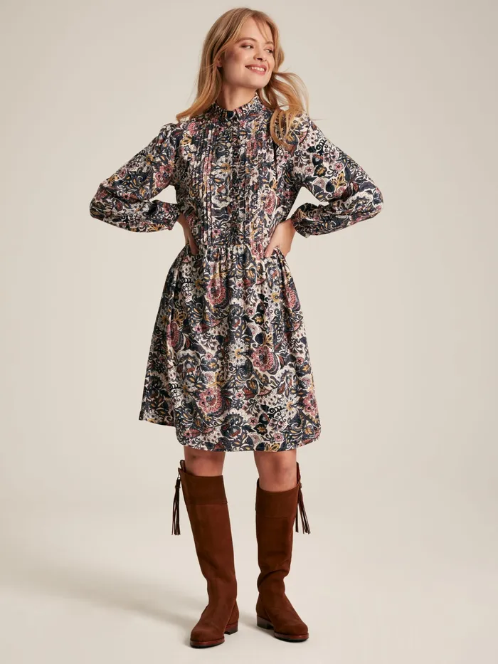 Joules Dresses Brown Floral Frill Neck Midi Dress 8211 Women