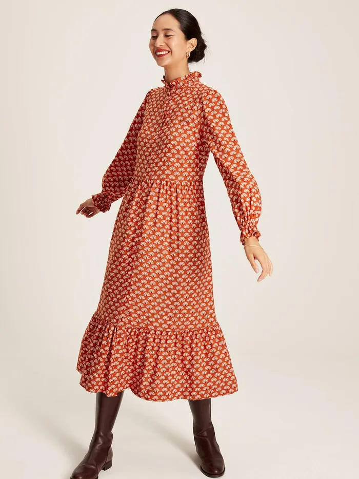 Joules Dresses Burnt Orange Midi Tier Dress With Frill Neck 8211 Women