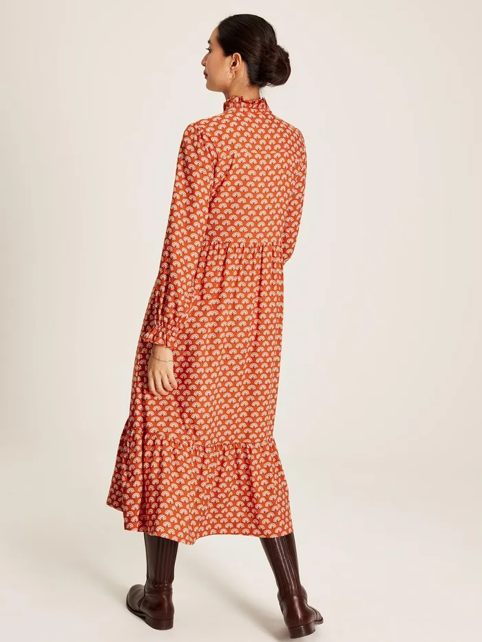 Joules Dresses Burnt Orange Midi Tier Dress With Frill Neck 8211 Women