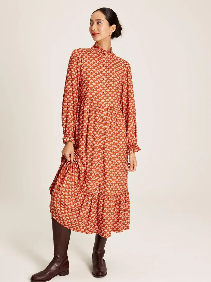 Joules Dresses Burnt Orange Midi Tier Dress With Frill Neck 8211 Women