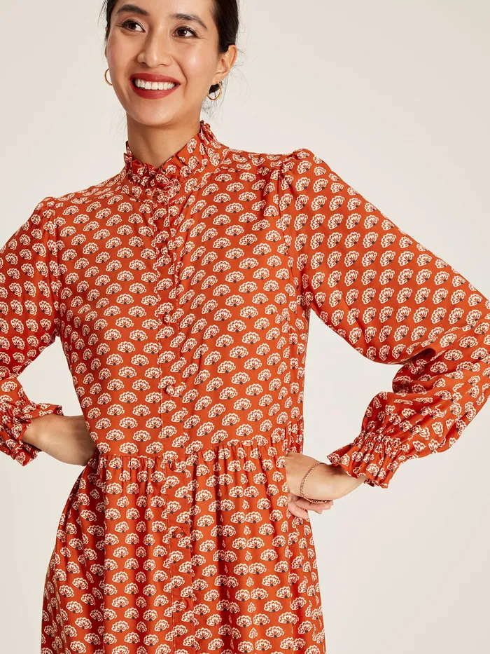 Joules Dresses Burnt Orange Midi Tier Dress With Frill Neck 8211 Women