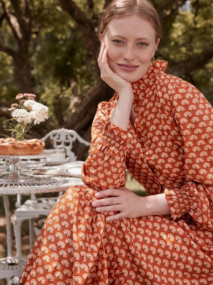 Joules Dresses Burnt Orange Midi Tier Dress With Frill Neck 8211 Women