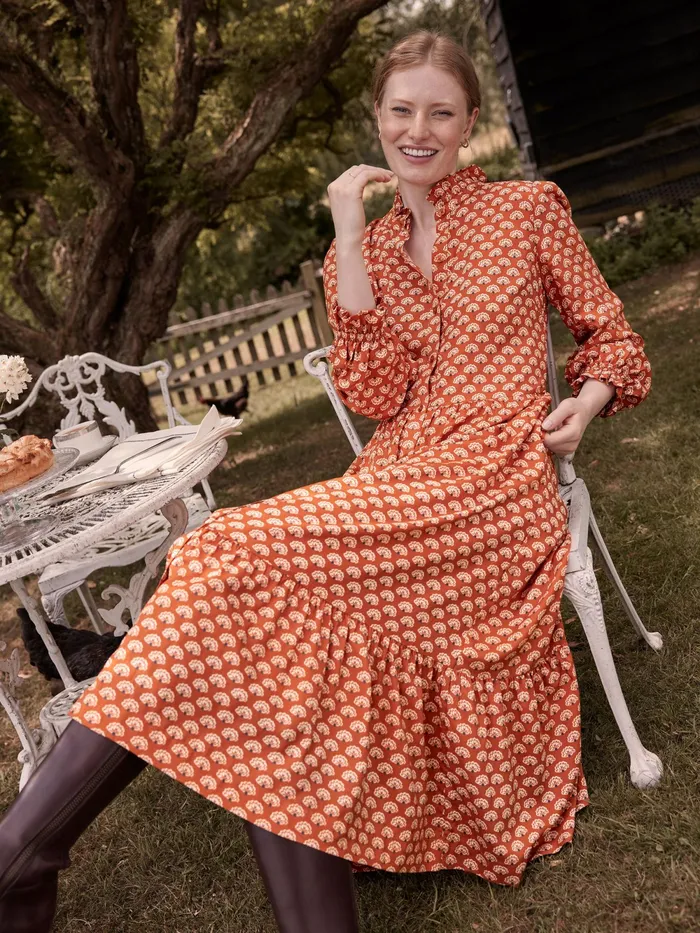 Joules Dresses Burnt Orange Midi Tier Dress With Frill Neck 8211 Women