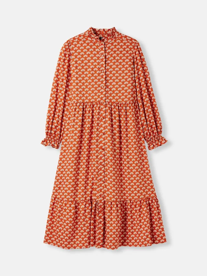 Joules Dresses Burnt Orange Midi Tier Dress With Frill Neck 8211 Women