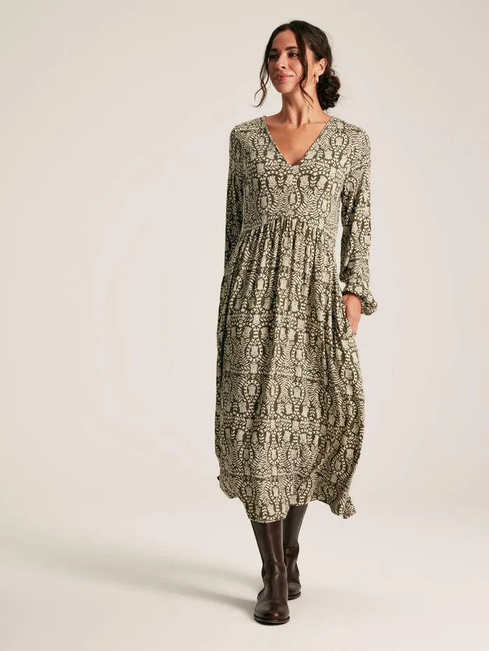 Joules Dresses Green Printed Long Sleeve Midaxi Dress With Pockets 8211 Women