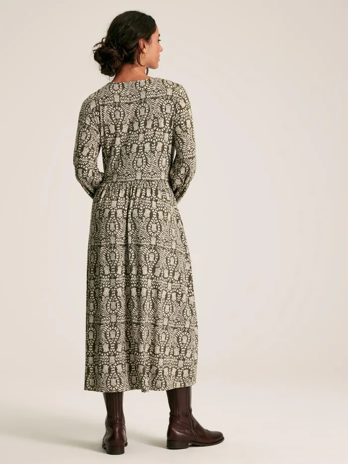 Joules Dresses Green Printed Long Sleeve Midaxi Dress With Pockets 8211 Women
